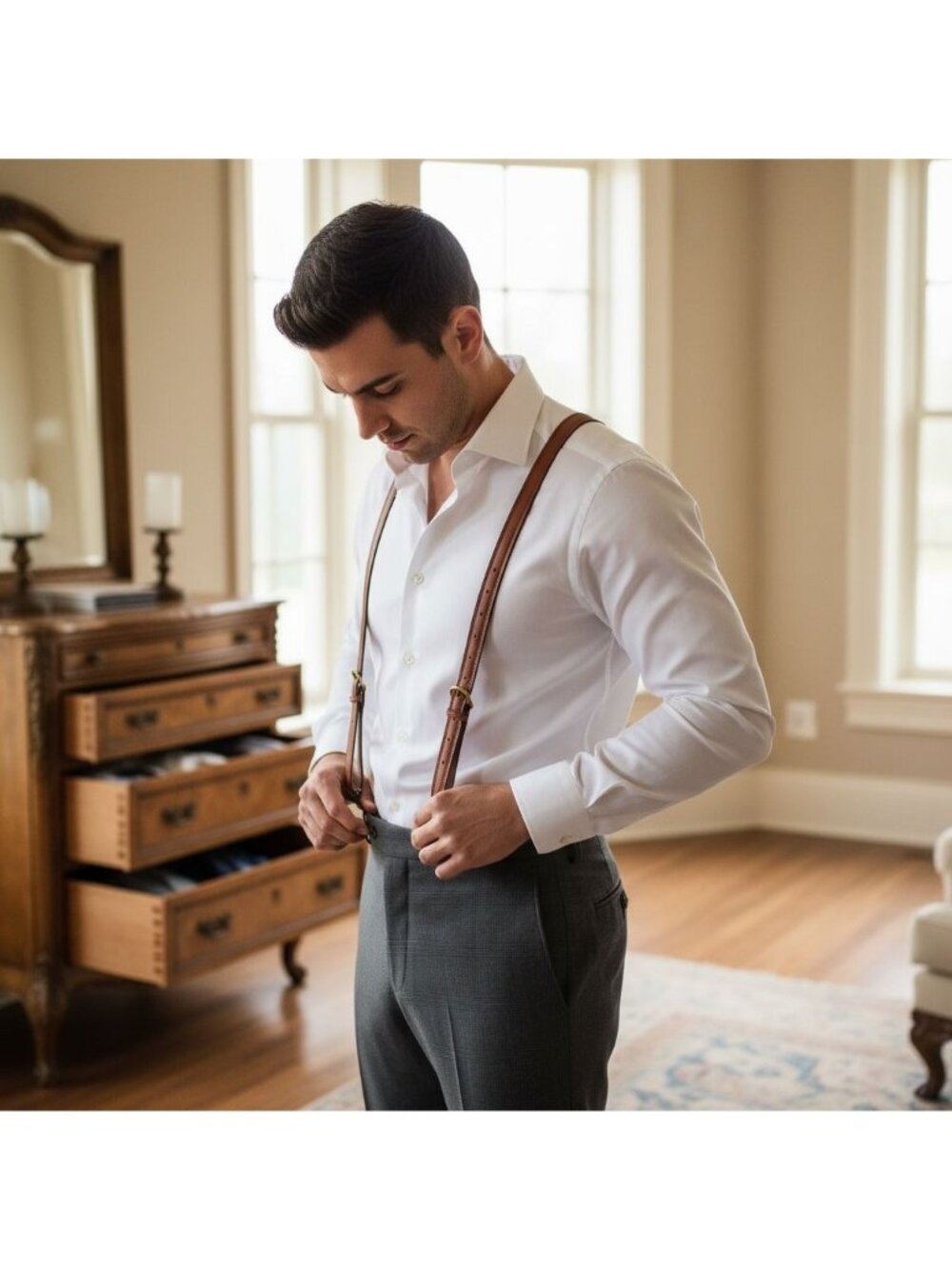 Torino Leather & Elastic Adjustable Mens Suspenders Tan & Beige Classic Style